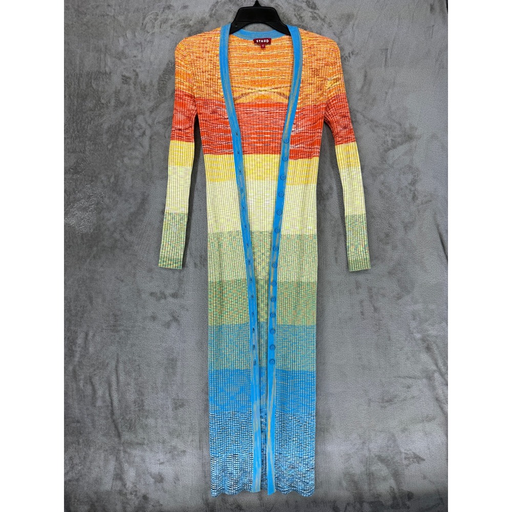 STAUD Shoko Women Multicolor Rainbow Striped Ribbed‎ Button Front Maxi Dress XS